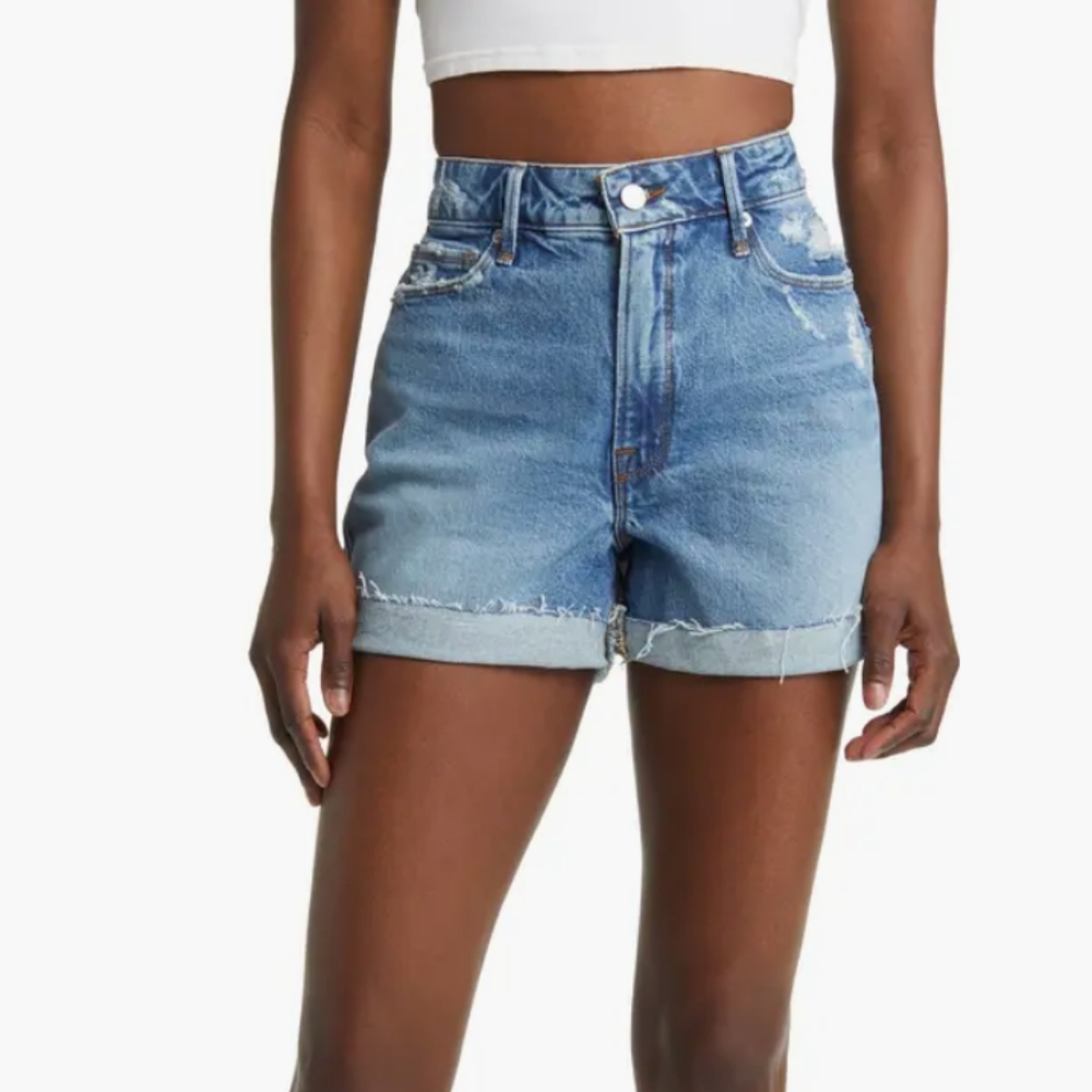 Good American Good Girlfriend Rolled Cuff Distressed Denim Shorts Size 10/30